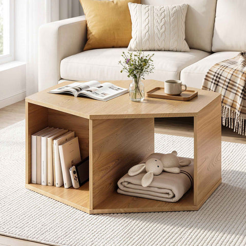 Artiss Coffee Table Hexagonal Center Table with Open Storage 2-Way Display Side Table Wood In Australia - Darrahopens