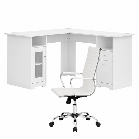 Artiss Office Desk and Chair Set L Shape Computer Desk 150cm with Storage Cabinet & Drawers, Ergonomic PU Leather Office Chair, White Home Office Furniture In Australia - Darrahopens