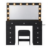Artiss Dressing Table Charging Station LED Vanity Desk Set Stool Glass Top Make up Mirror Storage Drawer Black