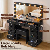 Artiss Dressing Table Charging Station LED Vanity Desk Set Stool Glass Top Make up Mirror Storage Drawer Black