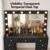 Artiss Dressing Table Charging Station LED Vanity Desk Set Stool Glass Top Make up Mirror Storage Drawer Black