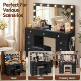 Artiss Dressing Table Charging Station LED Vanity Desk Set Stool Glass Top Make up Mirror Storage Drawer Black