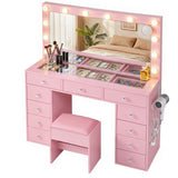 Artiss Dressing Table Charging Station LED Vanity Desk Set Stool Glass Top Make up Mirror Storage Drawer Pink