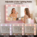 Artiss Dressing Table Charging Station LED Vanity Desk Set Stool Glass Top Make up Mirror Storage Drawer Pink