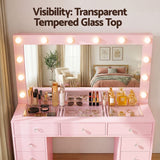 Artiss Dressing Table Charging Station LED Vanity Desk Set Stool Glass Top Make up Mirror Storage Drawer Pink