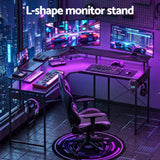 Artiss L-Shape Gaming Desk Computer Desks RGB LED Power Outlet 130cm Black