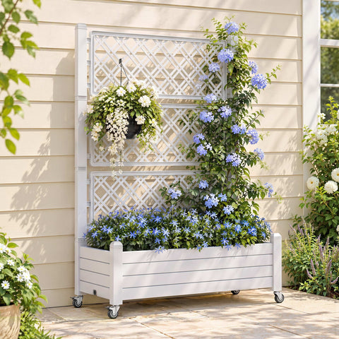 Green Fingers Mobile Planter Box with Trellis, Self Watering Garden Bed & Privacy Screen for Climbing Plants Flowers, White