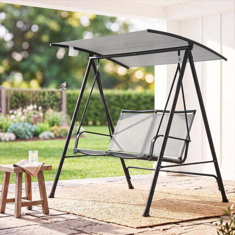 Gardeon Outdoor Swing Chair with Adjustable Canopy 142cmx172cm Stand Grey In Australia - Darrahopens