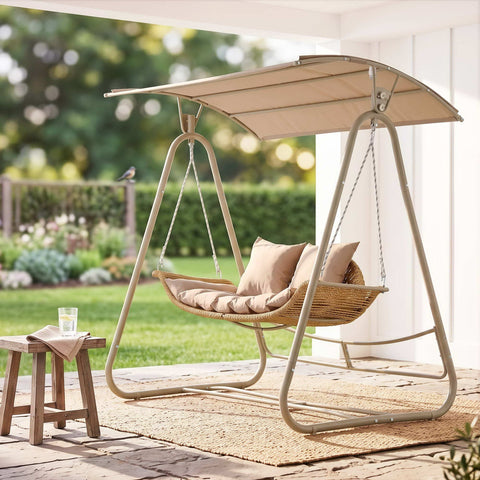 Gardeon Outdoor Swing Chair 2-Seater Rattan Seat with Canopy Beige