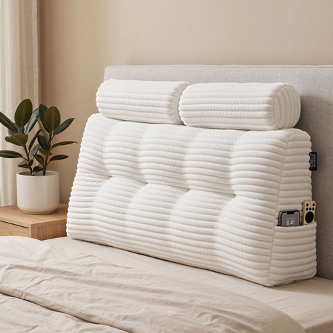 Giselle wedge pillow headboard with non-flattening shredded foam core, perfect for dorm reading or sofa lap desk, 330g corduroy cover, side pockets, Double In Australia - Darrahopens