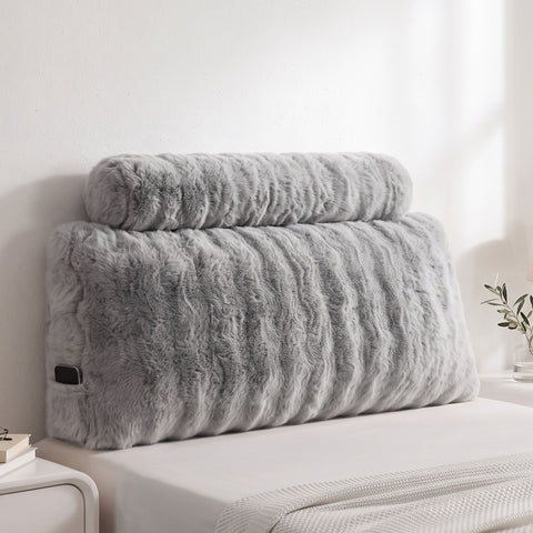 Giselle Wedge Pillow Headboard, Easy Wash Zipper Cover & Anti-Flat Foam, Couch Lumbar Support for Dorm Readers, 340g Faux Rabbit Fur with Dual Pockets, King Single In Australia - Darrahopens
