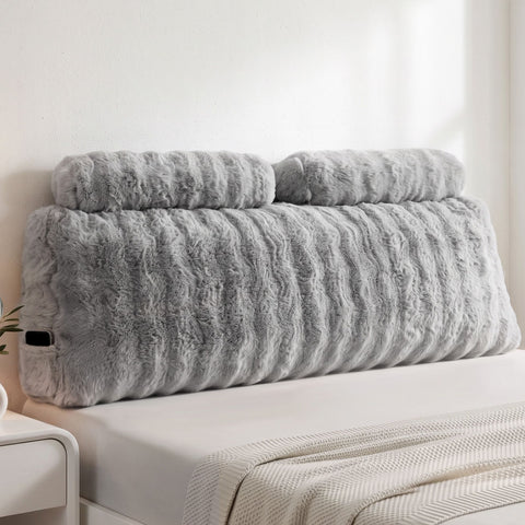 Giselle Wedge Pillow Headboard, Easy Wash Zipper Cover & Anti-Flat Foam, Couch Lumbar Support for Dorm Readers, 340g Faux Rabbit Fur with Dual Pockets, Queen