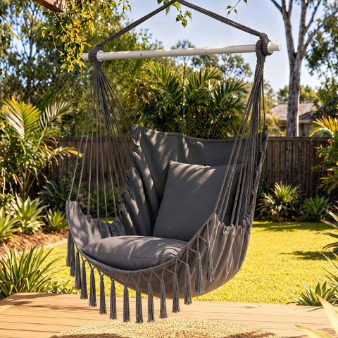 Gardeon Hammock Chair Camping Macrame Hanging Swing Cushions Metal Bar Grey In Australia - Darrahopens