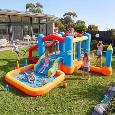 Keezi Inflatable Kids Pool Play Park Jumping Castle Volleyball Net with Blower Balls 4mx4.37m In Australia - Darrahopens