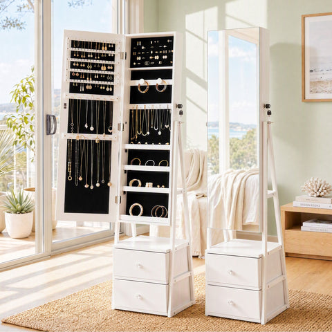 Artiss Lockable Jewelry Armoire with Mirror, Freestanding Organizer Cabinet with Drawers, White In Australia - Darrahopens
