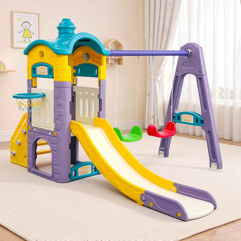 Keezi Kids 4-in-1 Slide Swing Set Double Swing Basketball Hoop Playhouse In Australia - Darrahopens