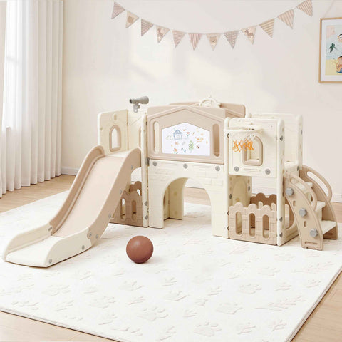 Keezi Kids Slide Set Toddler Indoor Playset With Drawing Board Beige
