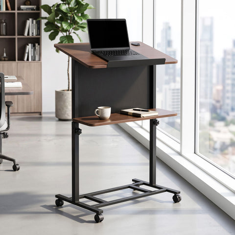 Artiss Mobile Lectern Podium Stand with Storage Shelf Height Adjustable Laptop Desk Black & Walnut