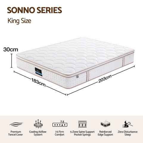 Giselle 30cm King Spring Mattress Tencel Cover 5-Zone Firm Back Support