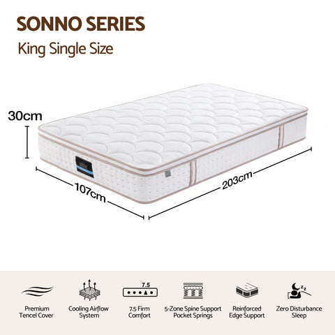 Giselle 30cm King Single Spring Mattress Tencel Cover 5-Zone Firm Back Support