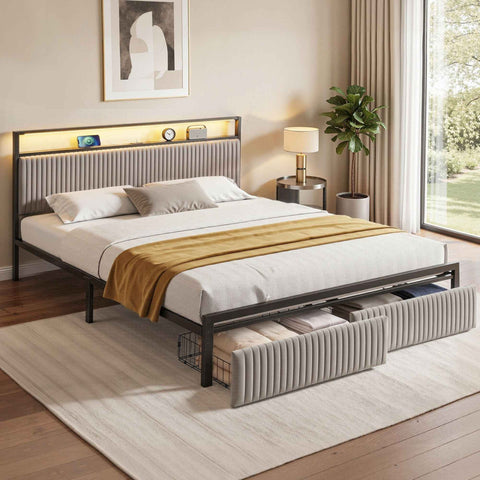Artiss Metal Bed Frame King Size LED Charging Station 2 Drawers