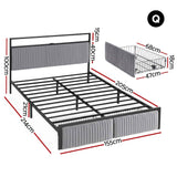 Artiss Metal Bed Frame Queen Size LED Charging Station 2 Drawers