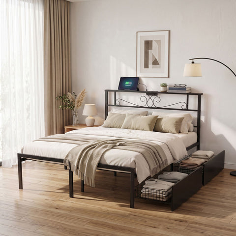 Artiss Double Bed Frame with Charging Station & Storage Drawers Metal In Australia - Darrahopens