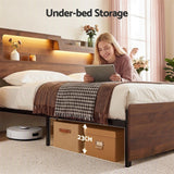 Artiss Double Bed Frame Metal with Charging Station LED Light Storage Shelf