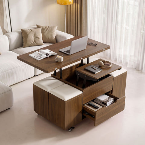 Fittro 3-in-1 Lift Top Coffee Table with 4 Chairs, Dining Table Work Desk Built-in Storage, Hydraulic Swivel, Lockable Castors, Space-Saving for Living Rooms & Flats, Apartments