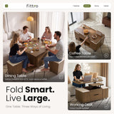 Fittro 3-in-1 Lift Top Coffee Table with 4 Chairs, Dining Table Work Desk Built-in Storage, Hydraulic Swivel, Lockable Castors, Space-Saving for Living Rooms & Flats, Apartments