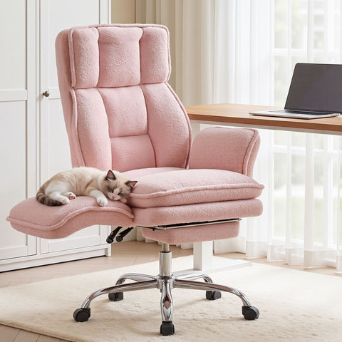 Artiss Big & Tall Criss Cross Office Chair with Flip Armrests Foot Rest Reclining Teddy Fleece Pink