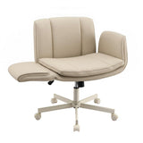Artiss Cross Legged Office Chair PU Leather Swivel Vanity Chair Wide Seat Adjustable Arms Beige