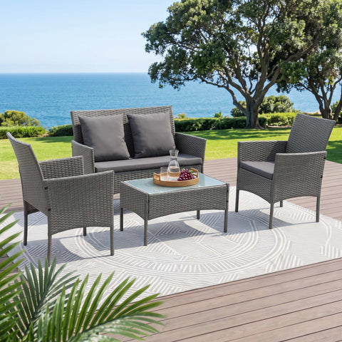 Gardeon 4-Piece Outdoor Sofa Set Rattan Furniture with Two Pillows Grey