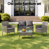 Gardeon 4-Piece Outdoor Sofa Set with Two Pillows Rattan Furniture Grey