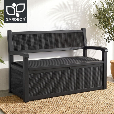 Gardeon Outdoor Storage Box Bench 254L Resin Armset Backrest Lockable Black