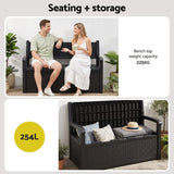 Gardeon Outdoor Storage Box Bench 254L Resin Armset Backrest Lockable Black