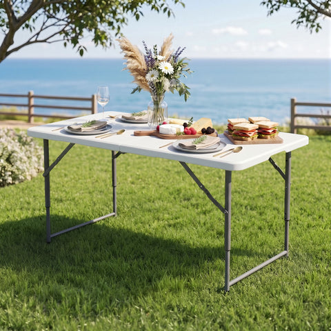 Gardeon 123cm Folding Table Portable Fold-in-Half with Handle Camping Picnic Adjustable Height In Australia - Darrahopens
