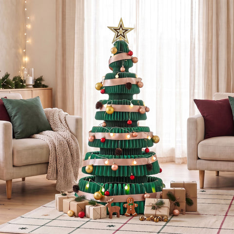 Jingle Jollys Paper Christmas Tree 111CM w/ Star Topper LEDs Xmas Decorations Kit Home Office Green In Australia - Darrahopens