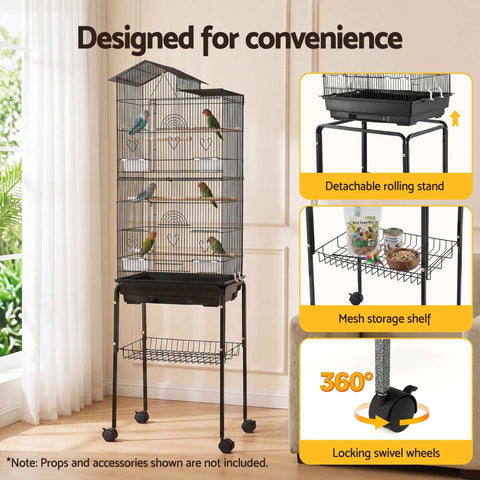 i.Pet 158cm Bird Cage Aviary Parrot Budgie Stand Wheels Black In Australia - Darrahopens