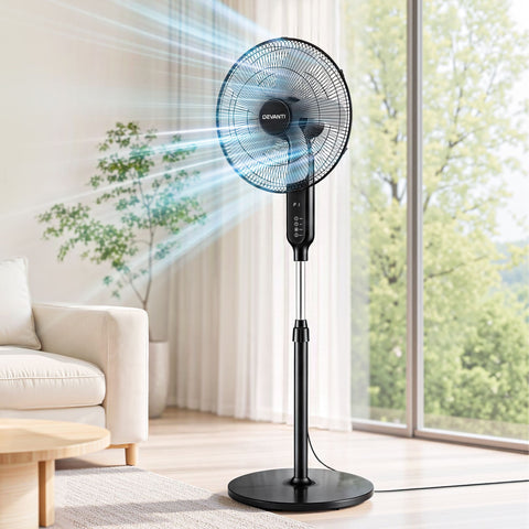 DEVANTI 16" Pedestal Fan with Remote 3 Speeds 8H Timer, Black