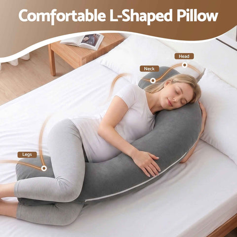 Giselle Bedding Pregnancy Pillow for Side Sleeping L-Shaped Maternity Body Pillow for Women 100% Cotton Jersey Cover for Head Neck Belly Support, 63x115 cm Grey In Australia - Darrahopens