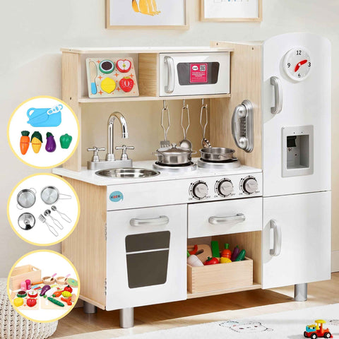 Keezi Kids Wooden Pretend Kitchen Playset with 29pc Cutting Food Set In Australia - Darrahopens