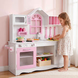 Keezi Wooden Kids Pretend Kitchen Playset with 29pc Food Set Pink White In Australia - Darrahopens