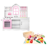 Keezi Wooden Kids Pretend Kitchen Playset with 29pc Food Set Pink White In Australia - Darrahopens