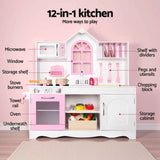 Keezi Wooden Kids Pretend Kitchen Playset with 29pc Food Set Pink White In Australia - Darrahopens