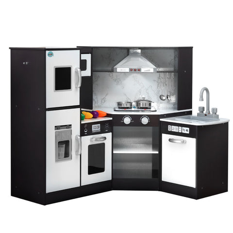 Keezi Kids Kitchen Play Set Wooden Pretend Cooking Playset w/Sounds Lights Black