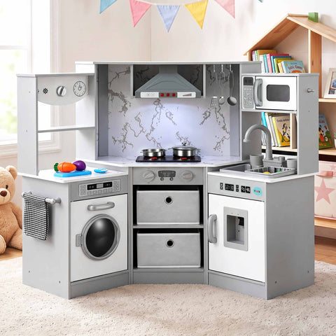 Keezi 112cm Wooden Pretend Kitchen Playset Kids Toy Sink Stove Grey In Australia - Darrahopens