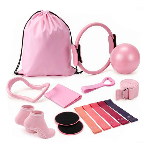 Everfit Pilates Ring Set for Women, 15pcs Home Workout Pilates Equipment with Ring, Ball, Yoga Socks, D-Ring etc. Pilates Starter Kit for Strength, Toning and Flexibility Pink