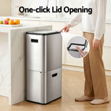 Cefito 63L Rubbish Bin 3 Compartment Stainless Steel Split Door Trash Can Silver