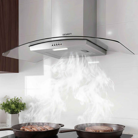 Devanti 90cm Range Hood Curved Glass Canopy Rangehood Kitchen Exhaust Fan